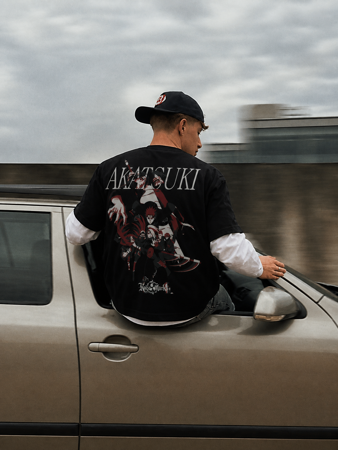 Akatsuki Kurse Mark Tee by PODpartner featuring a black T-shirt with Akatsuki symbol and red cloud design.