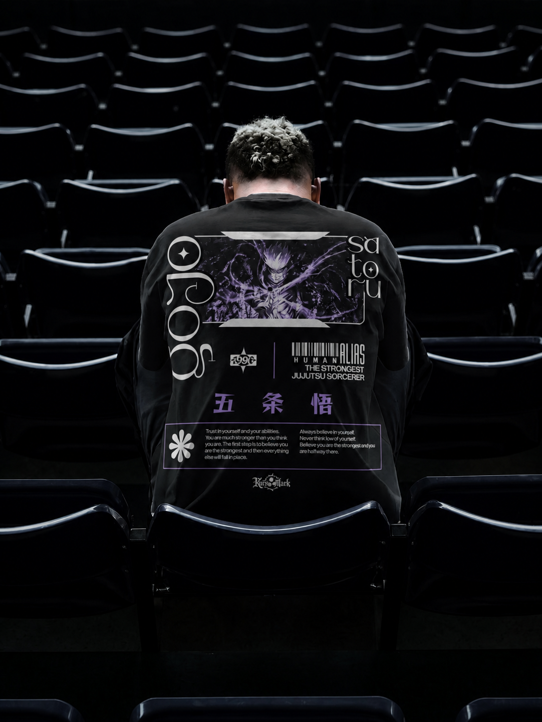 Satoru Gojo Kurse Mark Tee from PODpartner featuring a graphic print of Satoru Gojo on a casual black T-shirt.