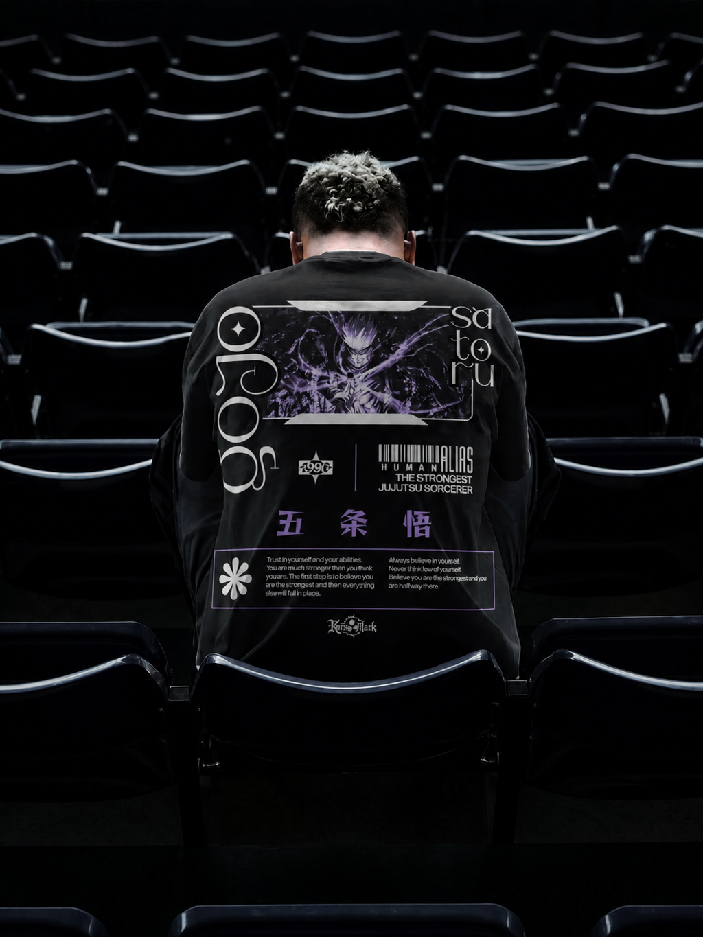 Satoru Gojo Kurse Mark Tee from PODpartner featuring a graphic print of Satoru Gojo on a casual black T-shirt.