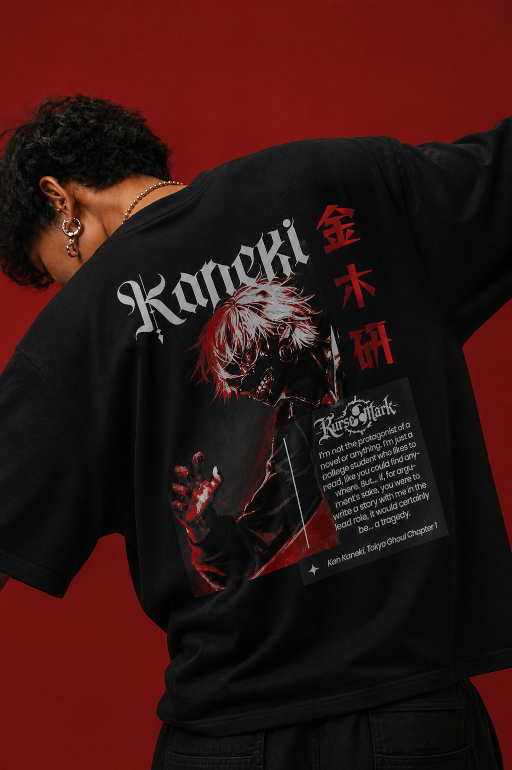 Ken Kaneki Kurse Mark Tee from PODpartner featuring a graphic print of the character's face on a black T-shirt.