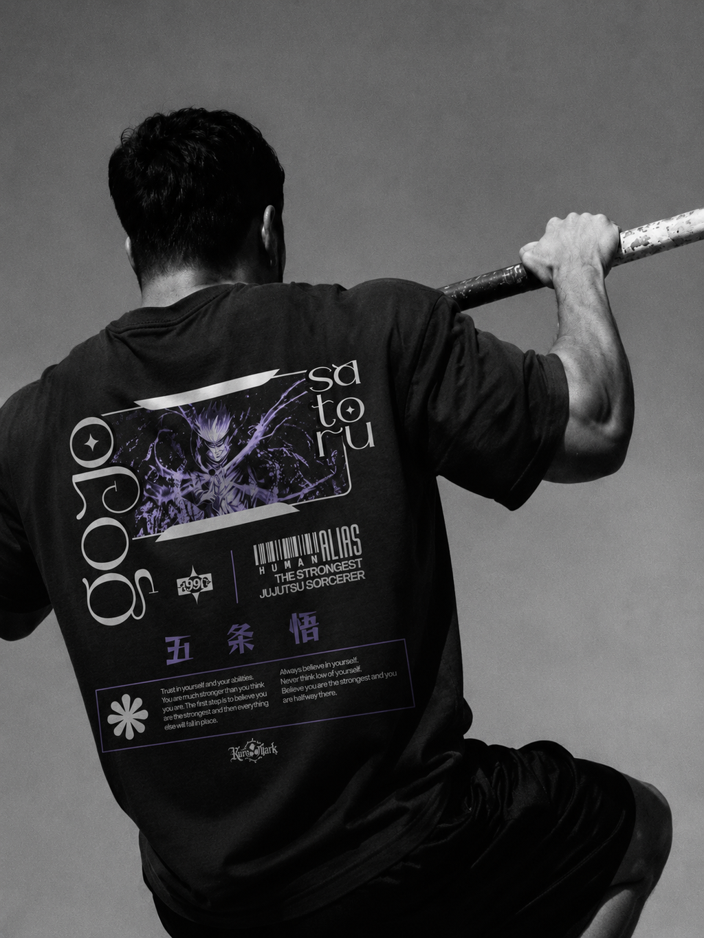 Satoru Gojo Kurse Mark Tee from PODpartner featuring a graphic print of Satoru Gojo character on a casual T-shirt.