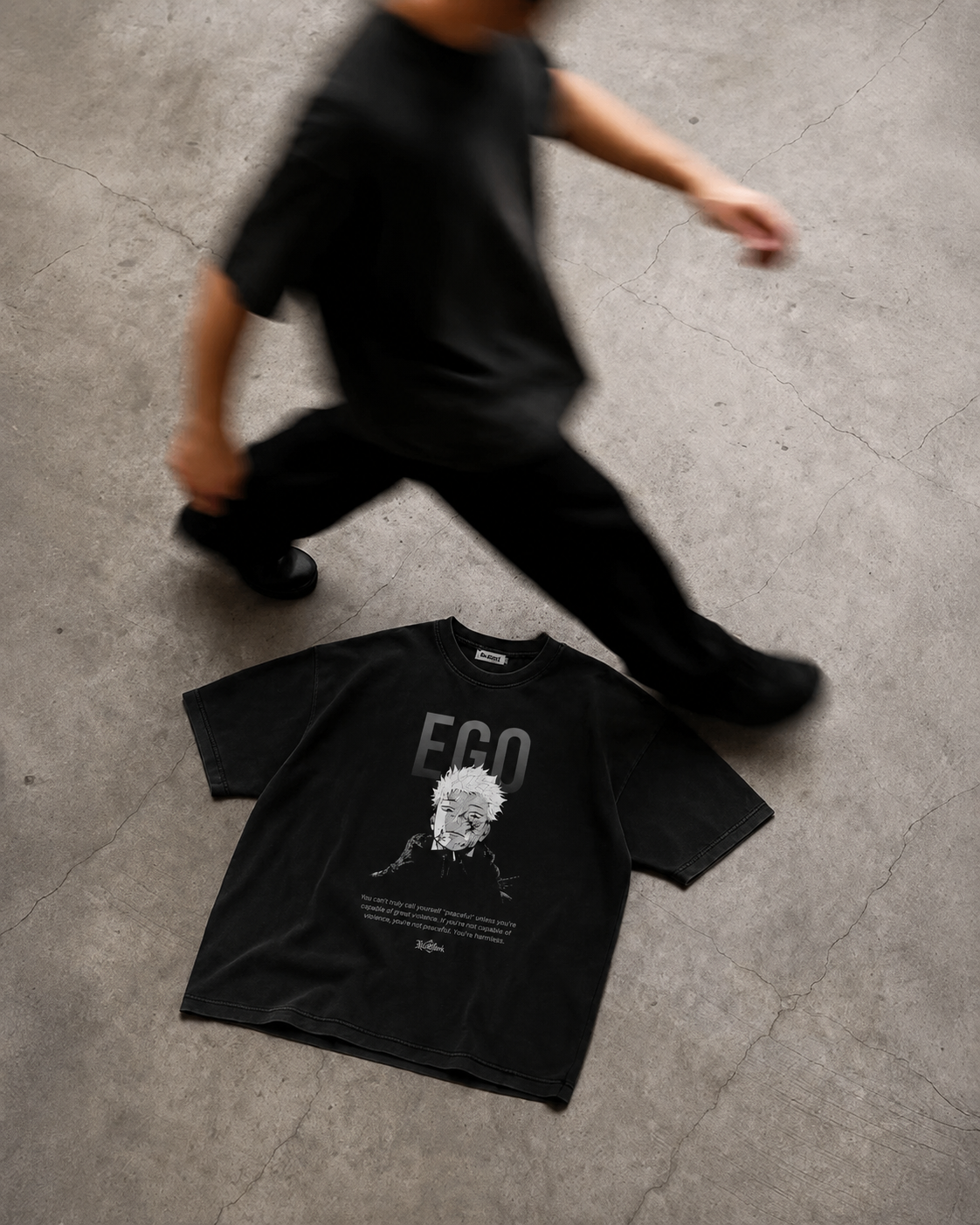Close-up of Yuji's Ego Kurse Mark Tee by PODpartner, featuring the graphic design on a casual cotton t-shirt.