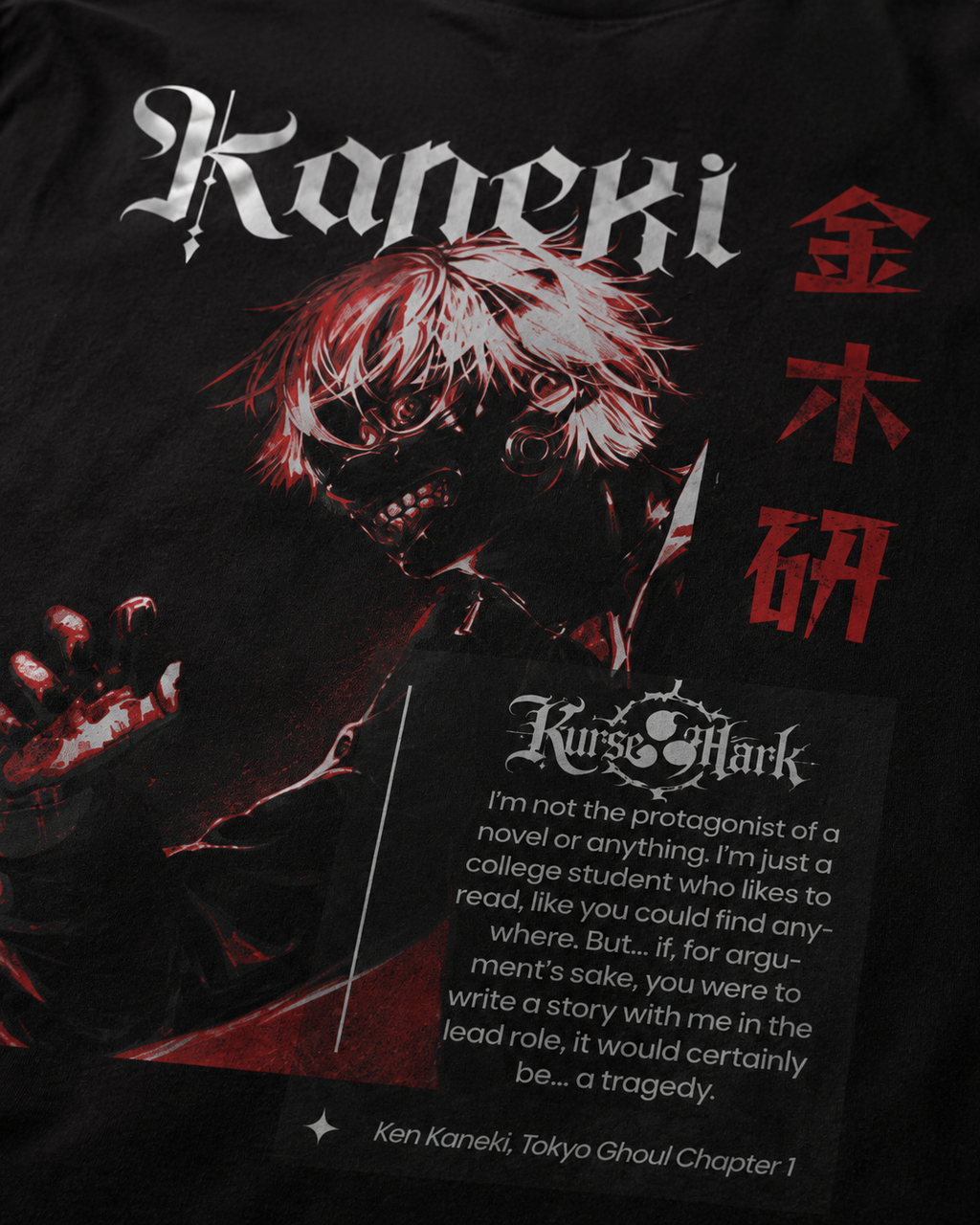 Black Ken Kaneki Kurse Mark T-shirt from PODpartner featuring a graphic of Ken Kaneki's face and signature design.