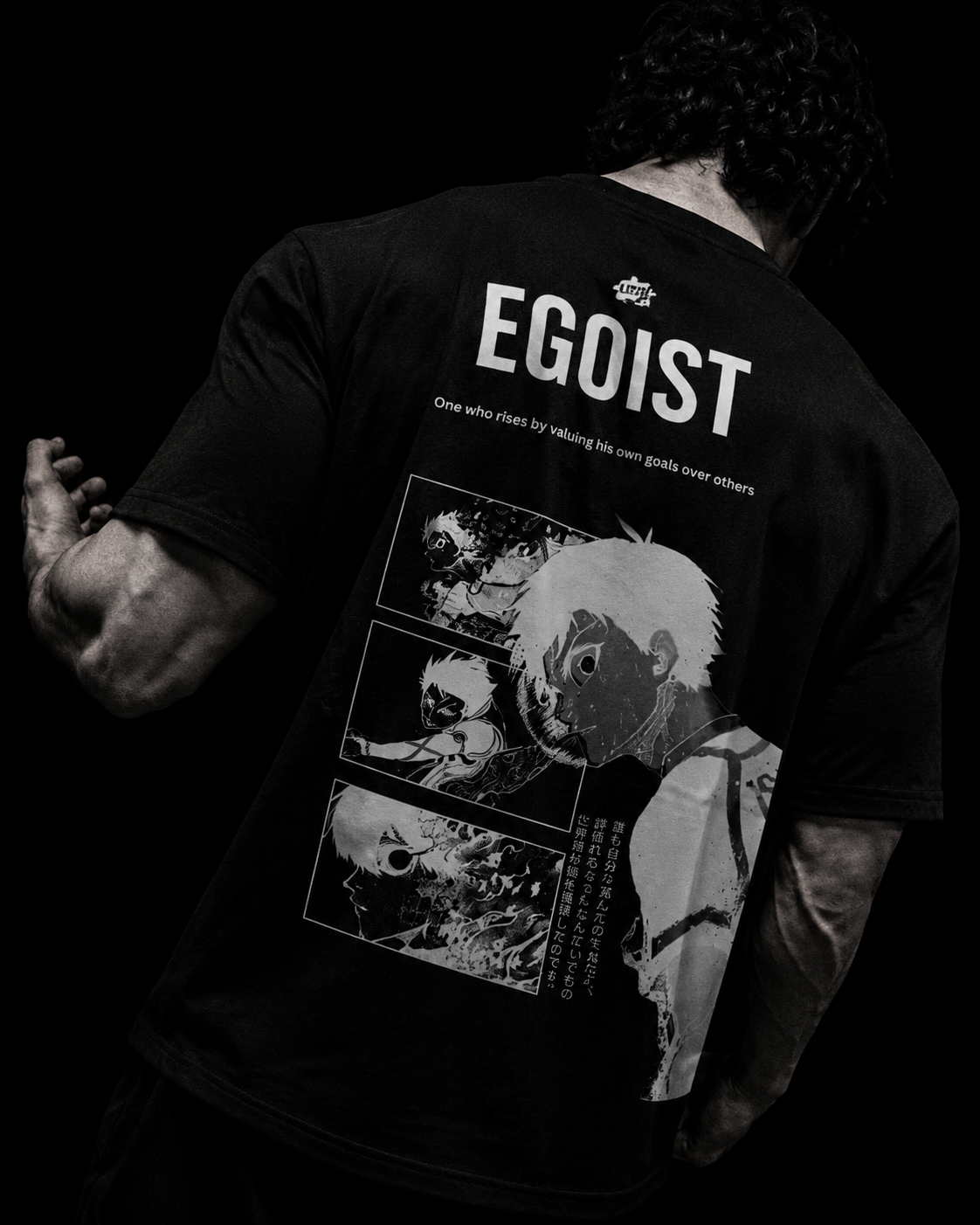 Black Isagi's Ego Kurse Mark T-shirt by PODpartner featuring bold graphic design on the front.
