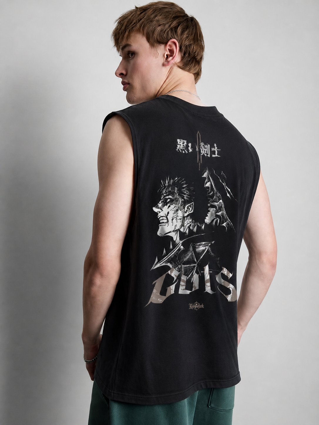 Black Guts Kurse Mark Tank Top by PODpartner displayed on a hanger with front view and casual background.