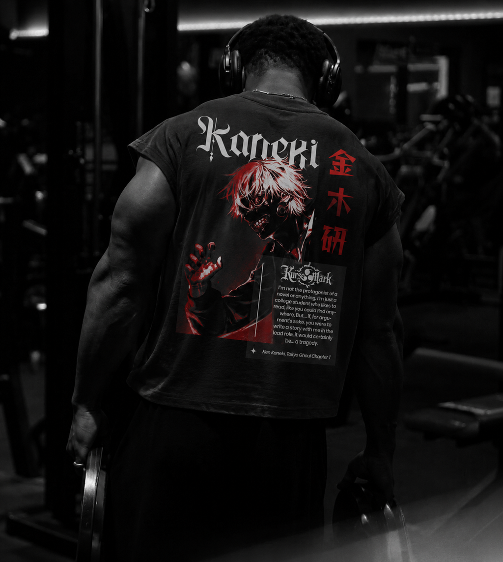 Ken Kaneki Kurse Mark tank top by PODpartner featuring a bold anime character graphic on black fabric.