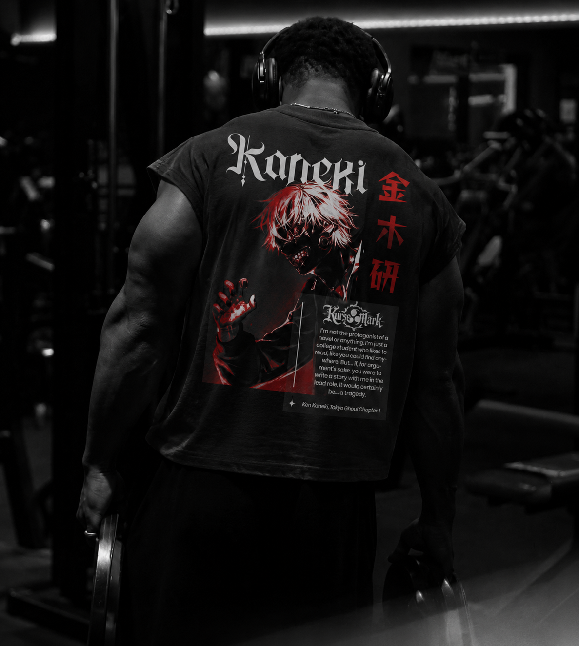 Ken Kaneki Kurse Mark tank top by PODpartner featuring a bold anime character graphic on black fabric.