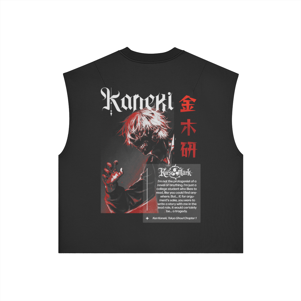 Ken Kaneki Kurse Mark tank top from PODpartner, back view showing black sleeveless shirt with white Kaneki face design.