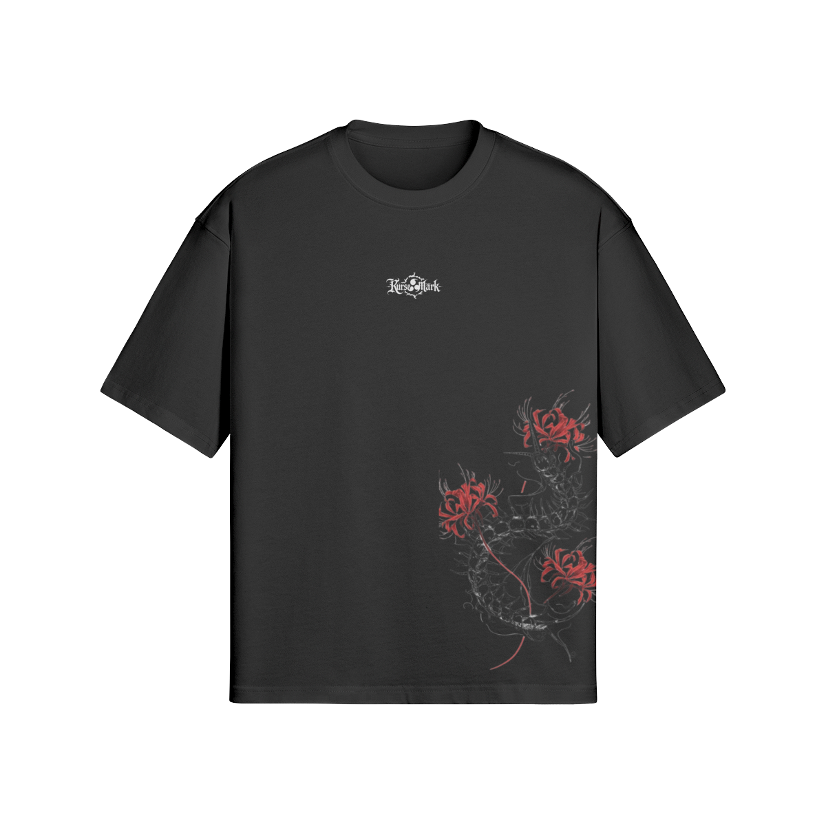 Ken Kaneki Kurse Mark T-shirt from PODpartner featuring a graphic of Kaneki's face with Kurse Mark design on black cotton.