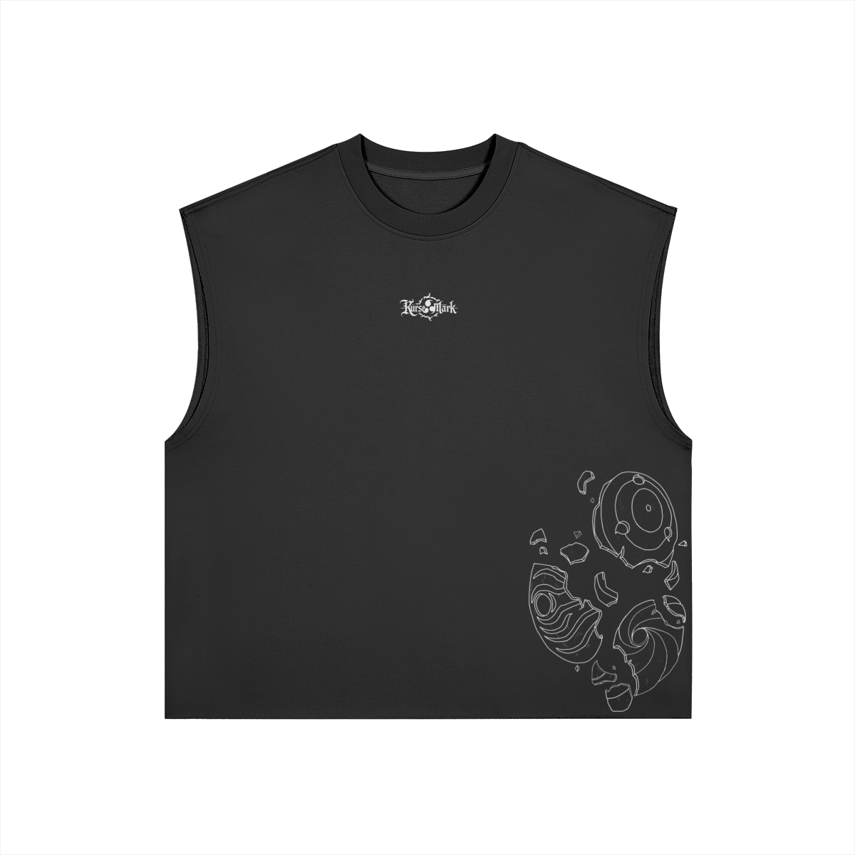 Obito Kurse Mark Tank Top by PODpartner, front view showing black sleeveless design with graphic print and bold branding.