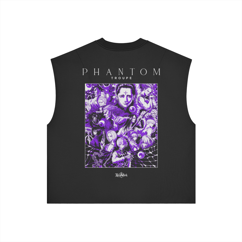 Back view of PODpartner Phantom Troupe Kurse Mark Tank Top featuring the Troupe emblem on a black fabric background.