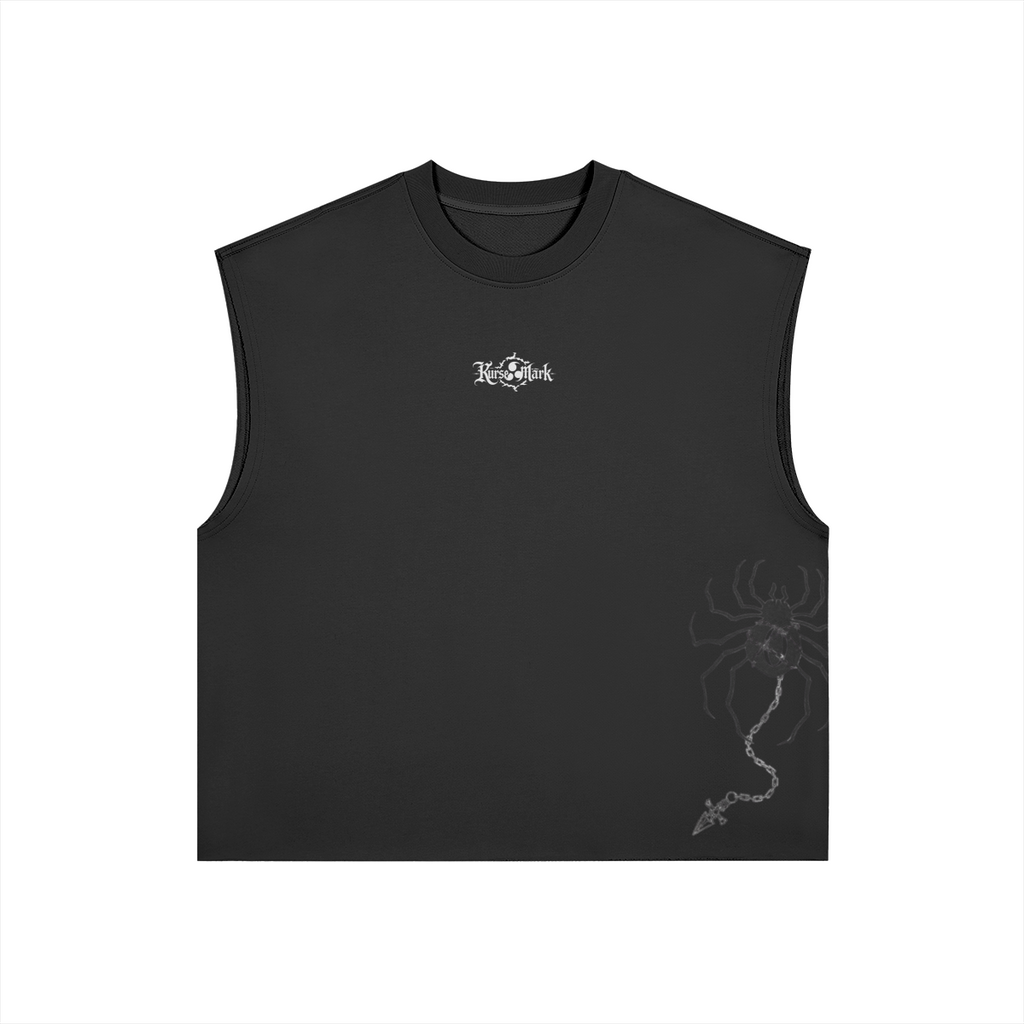 Front view of PODpartner Phantom Troupe Kurse Mark tank top featuring bold graphic design and sleeveless style.