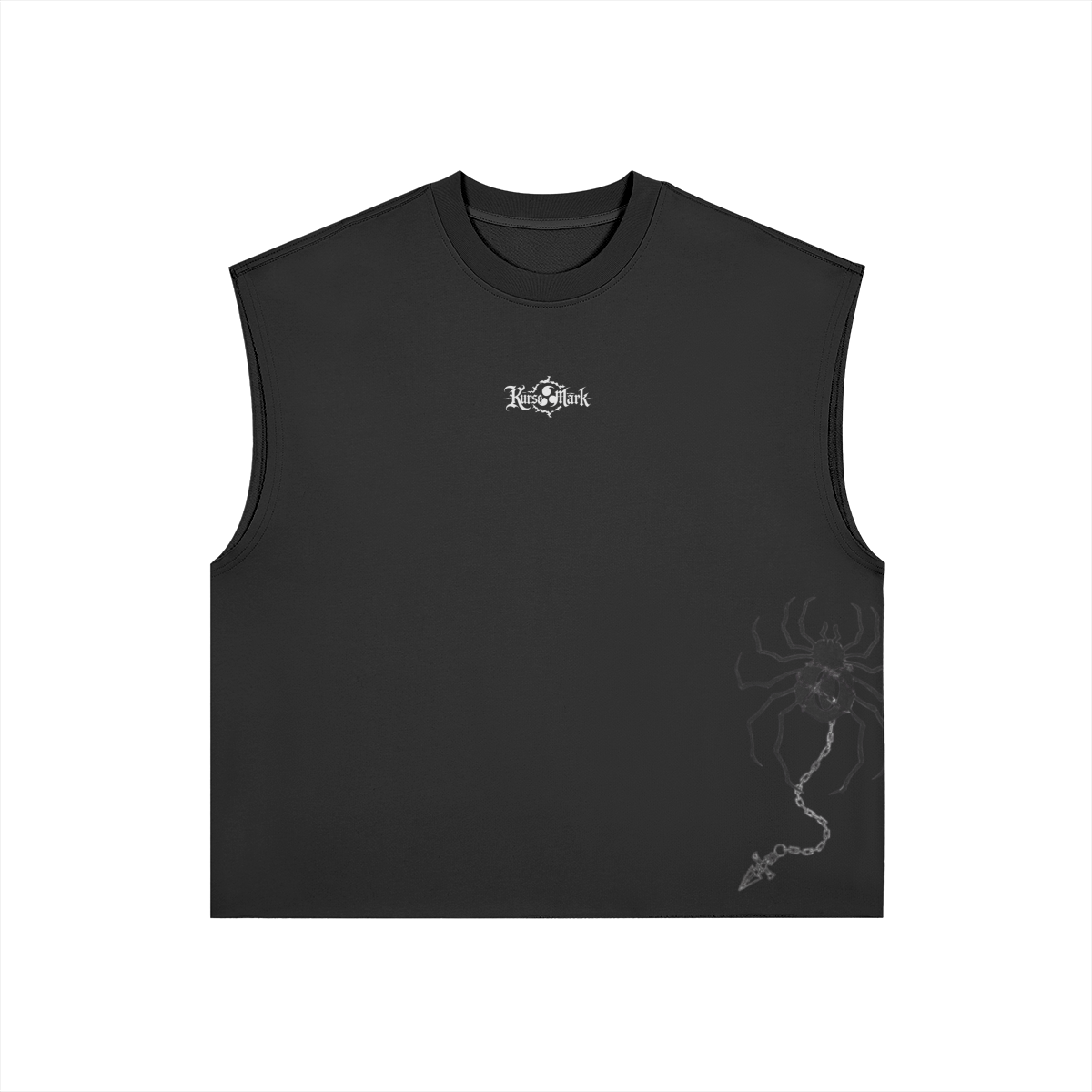 Front view of PODpartner Phantom Troupe Kurse Mark tank top featuring bold graphic design and sleeveless style.