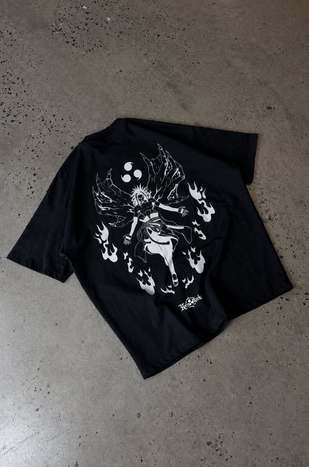 Sasuke Kurse Mark Tee by PODpartner featuring a graphic print of Sasuke Uchiha from Naruto on a casual black t-shirt