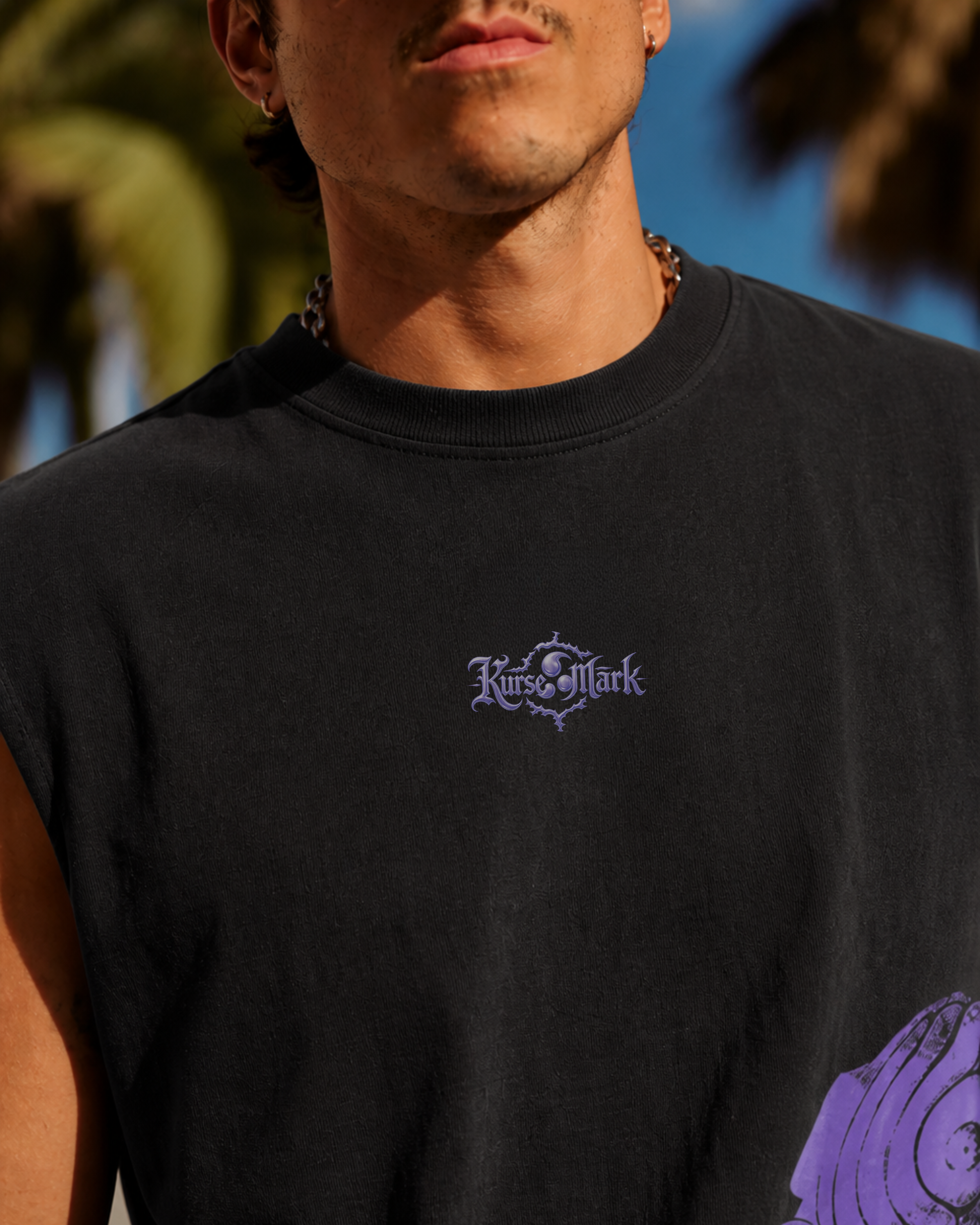 Close-up of Yuta x Rika Kurse Mark Tank Top from PODpartner, featuring detailed graphic design on front in vibrant colors.