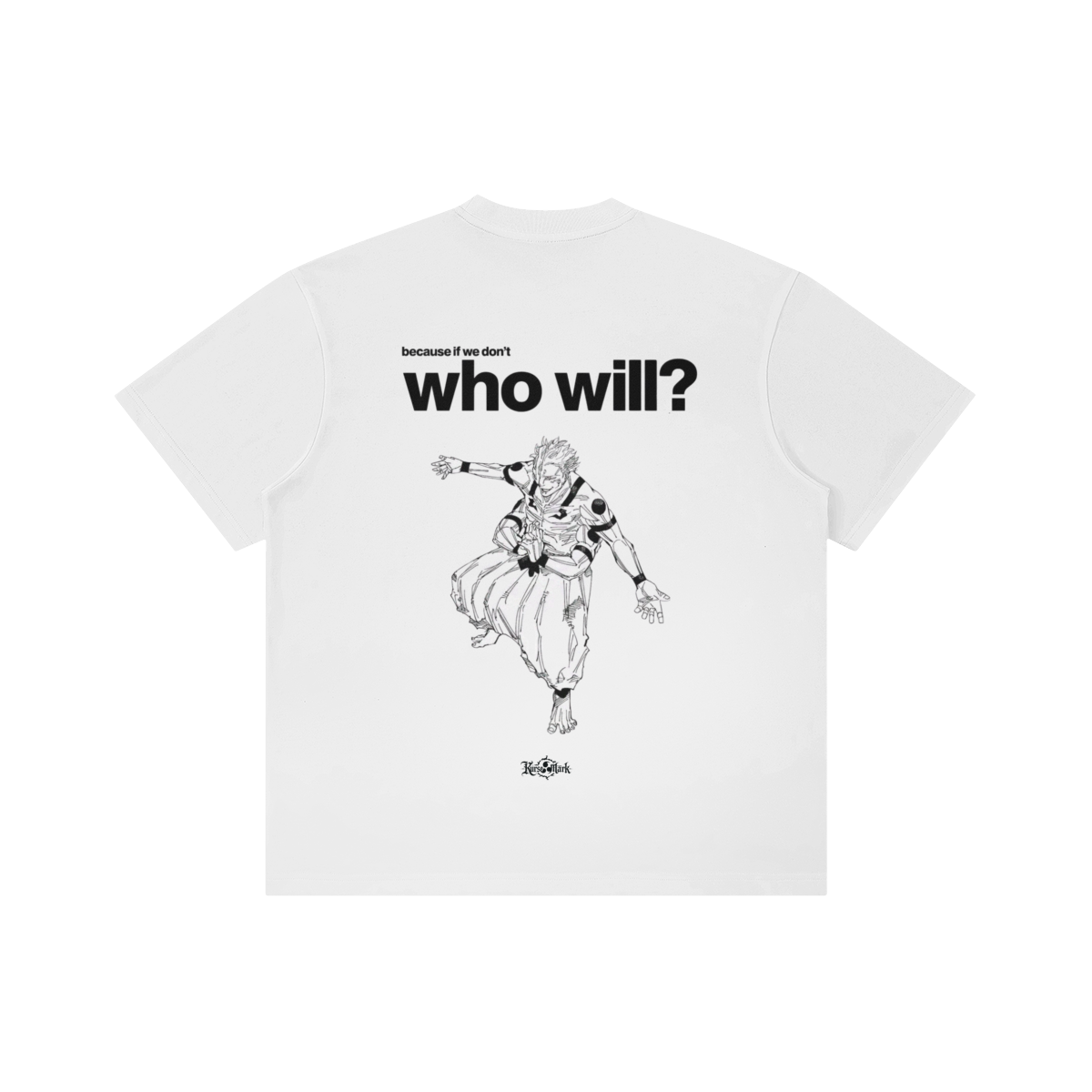 Back view of PODpartner Sukuna's Will Kurse Mark T-shirt featuring bold Sukuna design on black cotton fabric.