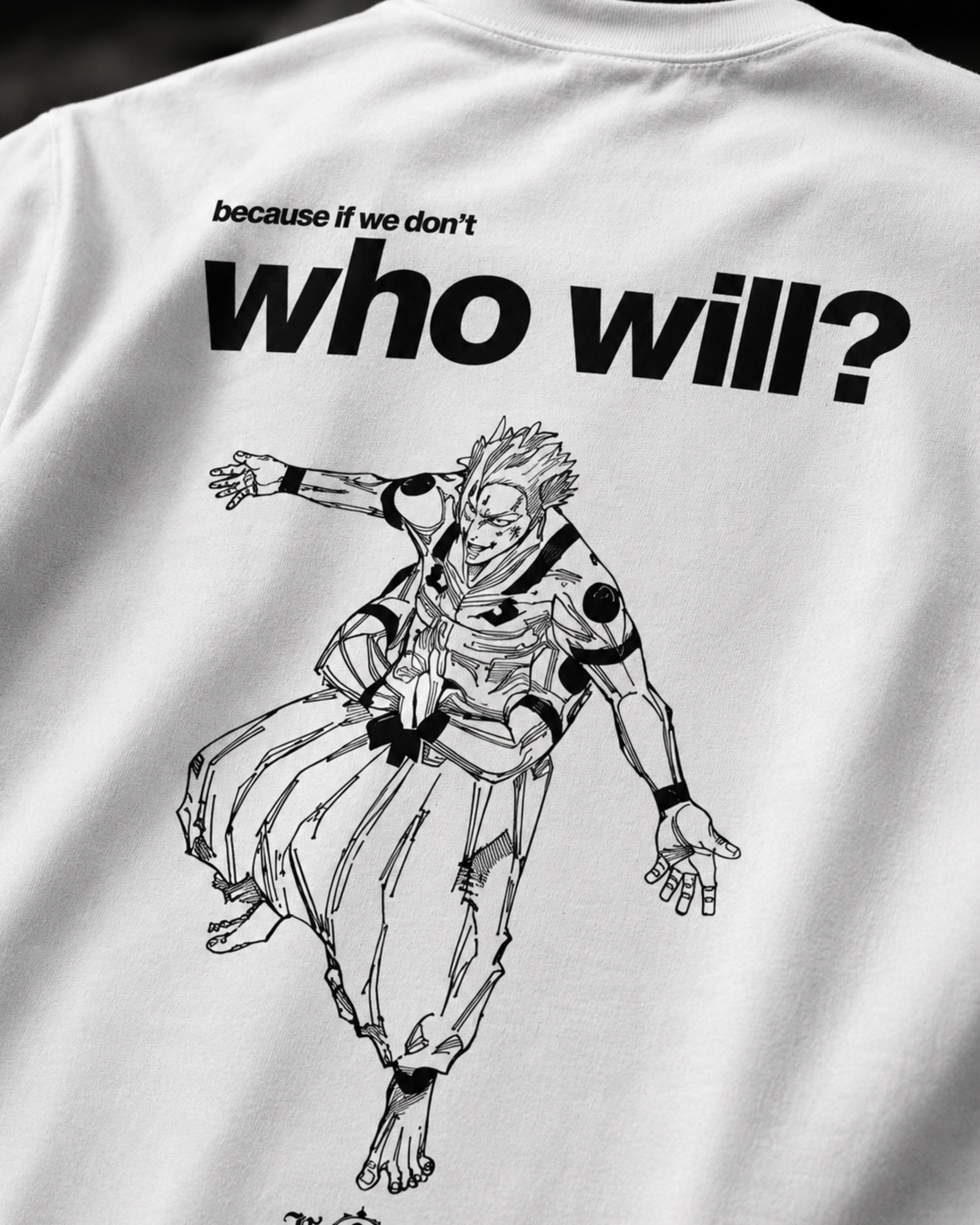 Close-up of Sukuna's Will Kurse Mark Tee by , showing detailed black graphic print on the back of the casual t-shirt.