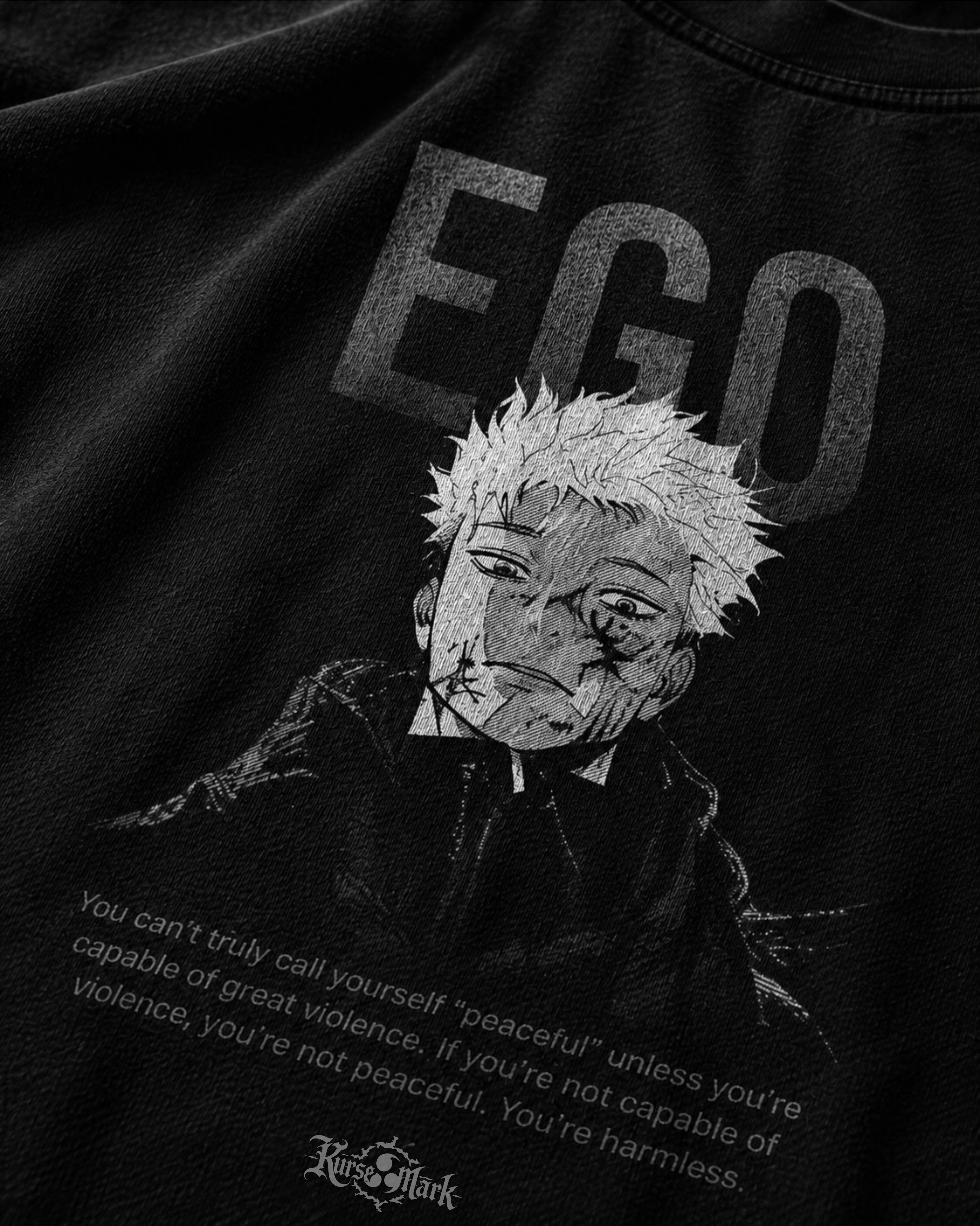 Close-up of Yuji's Ego Kurse Mark Tee by PODpartner showcasing the front graphic and soft cotton fabric.