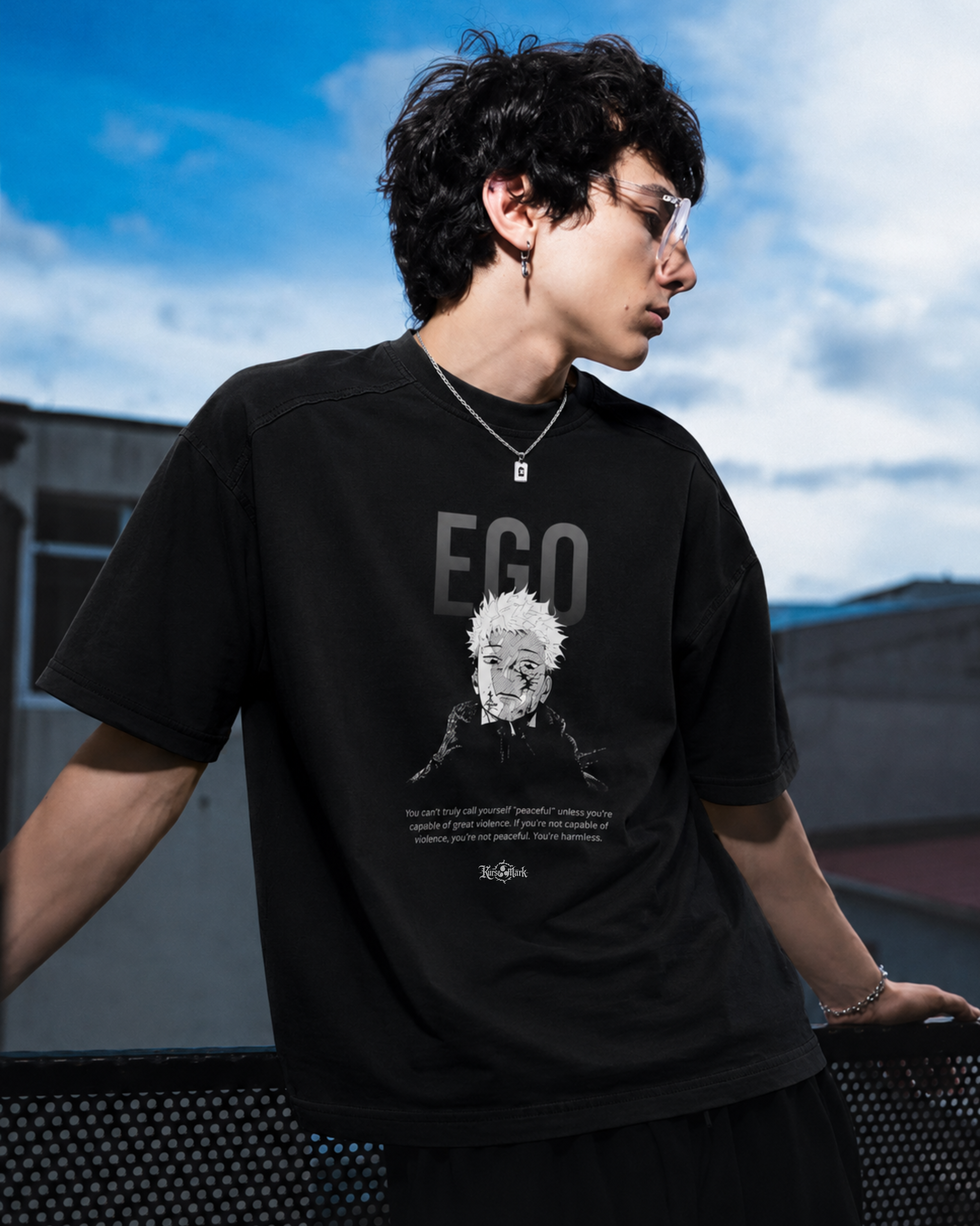 Yuji's Ego Kurse Mark Tee by PODpartner featuring a casual men's t-shirt with graphic design and comfortable fit.