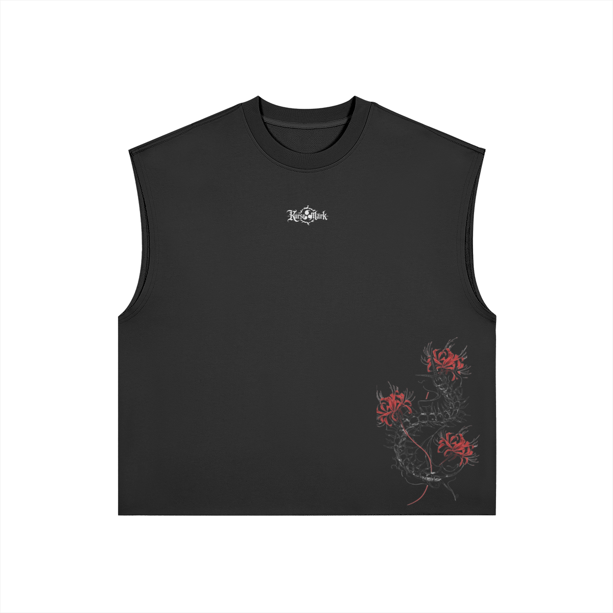 Ken Kaneki Kurse Mark tank top by PODpartner, front view showing black sleeveless design with Kaneki's signature artwork.