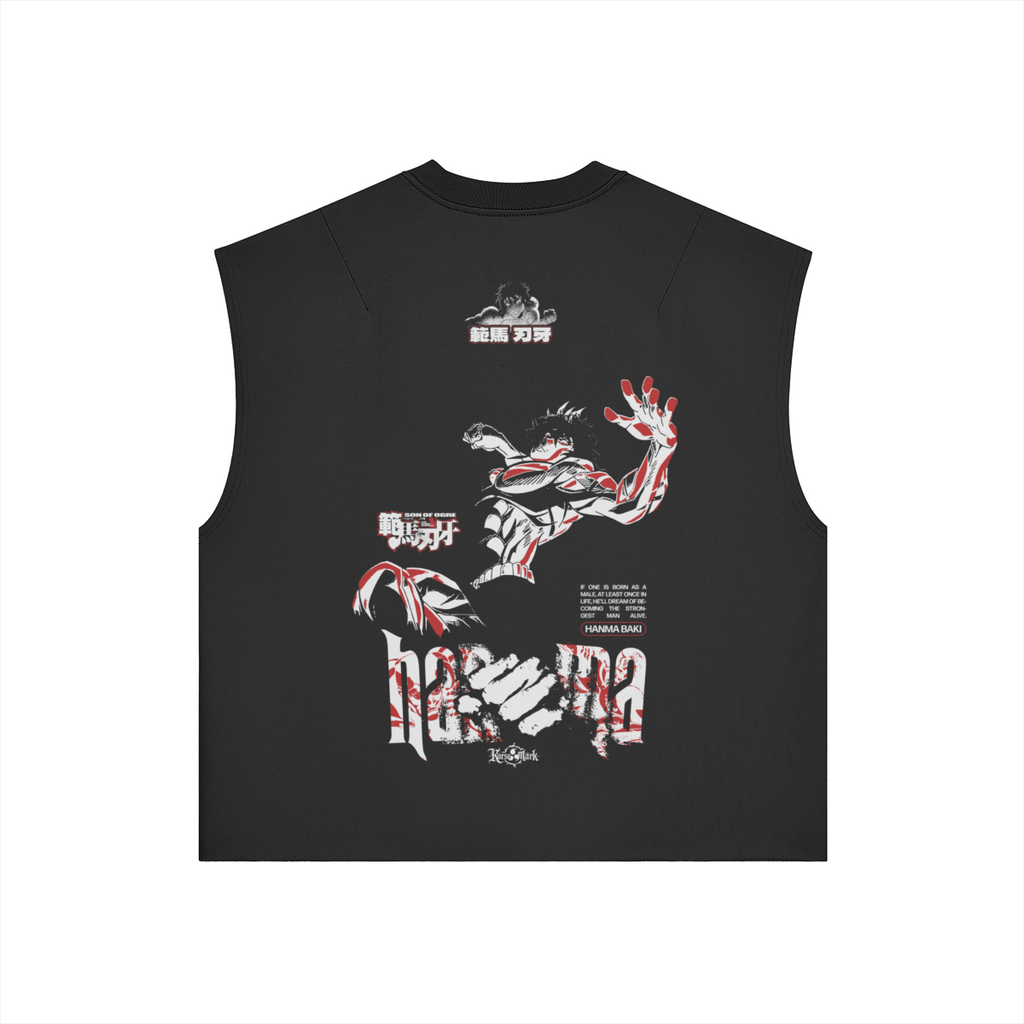 Kurse Mark Baki Hanma tank top featuring bold graphic design and sleeveless style, shown in black and white.