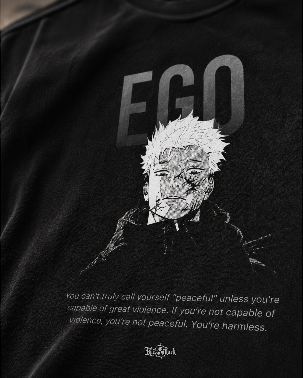 Close-up of Yuji's Ego Kurse Mark Tee showcasing the front design and fabric texture, a stylish casual T-shirt from Kurse Mark.