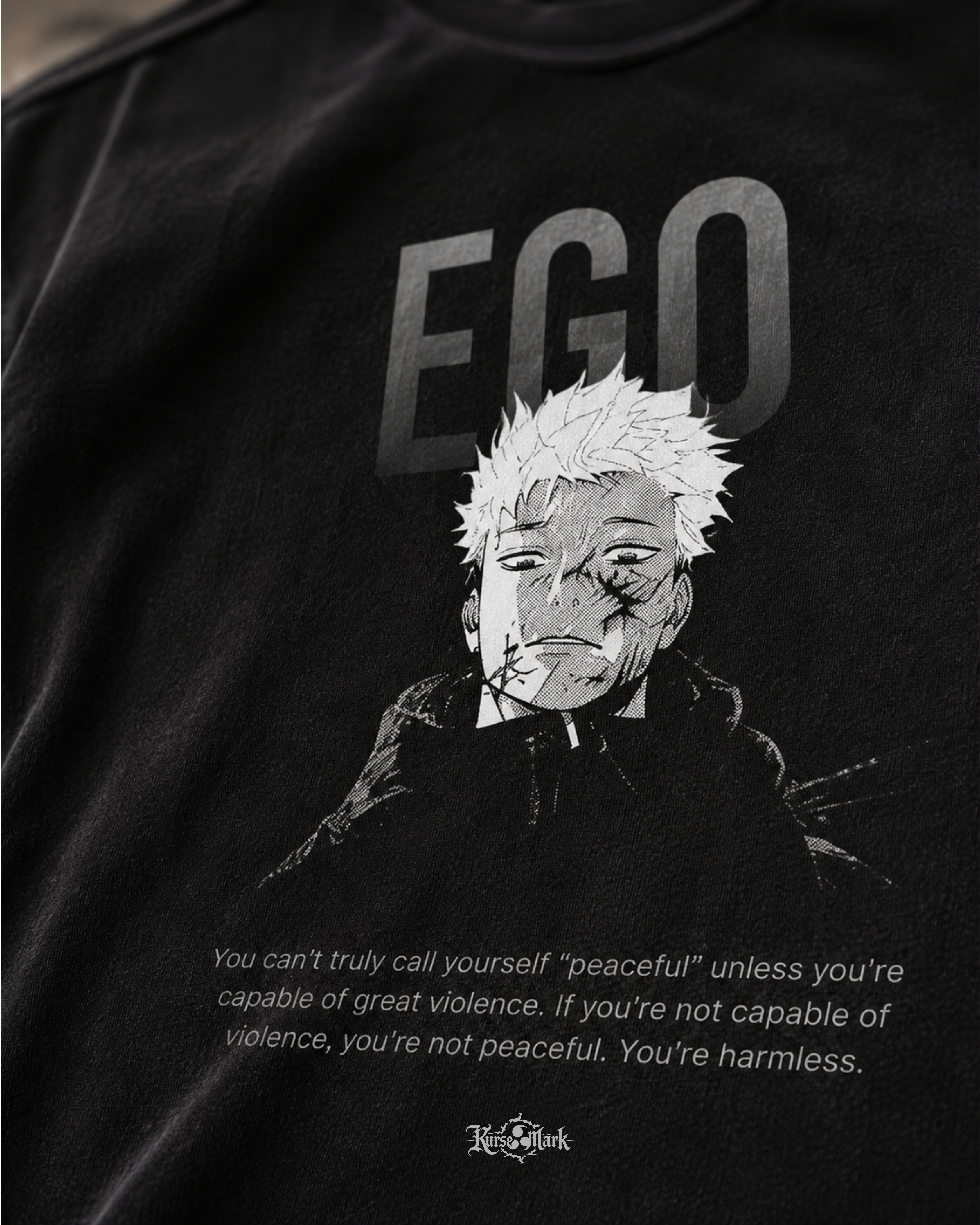 Close-up of Yuji's Ego Kurse Mark Tee showcasing the front design and fabric texture, a stylish casual T-shirt from Kurse Mark.