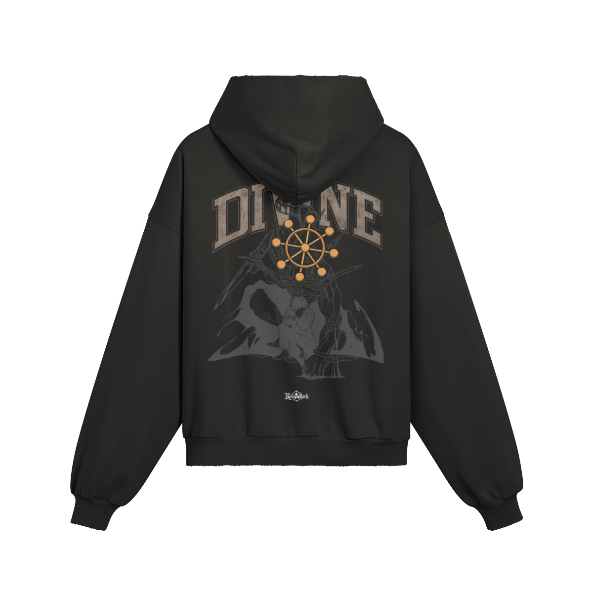 Back view of Megumi's Divine Treasure hoodie by PODpartner, featuring a detailed design on the back in soft fabric.