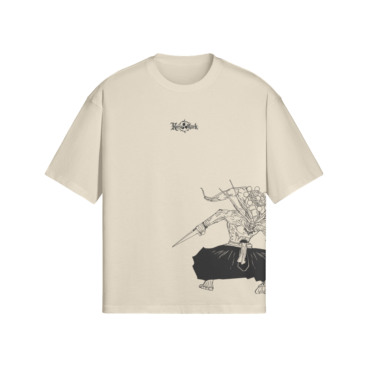 Mahoraga Kurse Mark Tee by PODpartner, black graphic t-shirt with bold design, casual fit, front view.