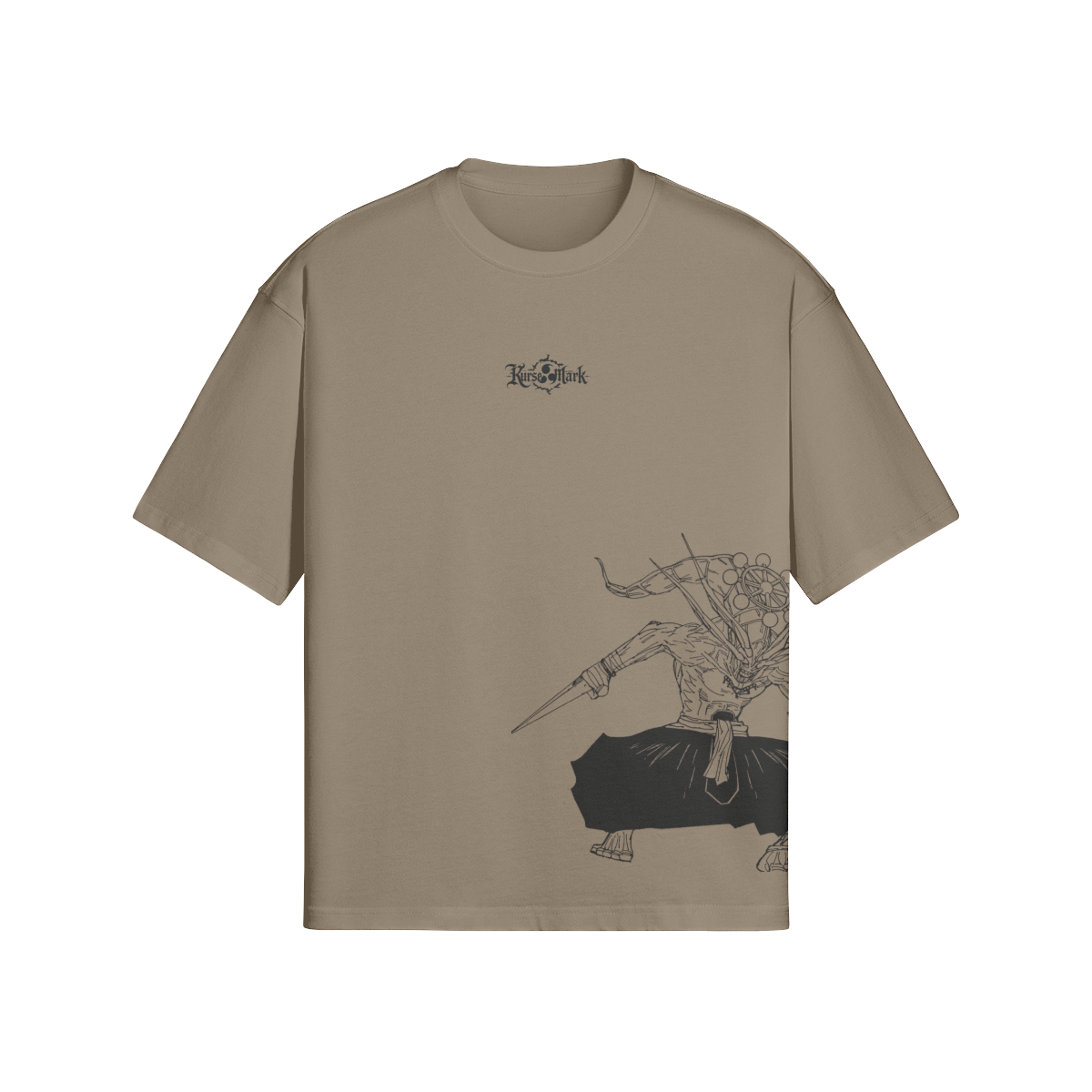 Mahoraga Kurse Mark Tee by PODpartner displayed on a white background, showcasing a casual graphic T-shirt with bold design.