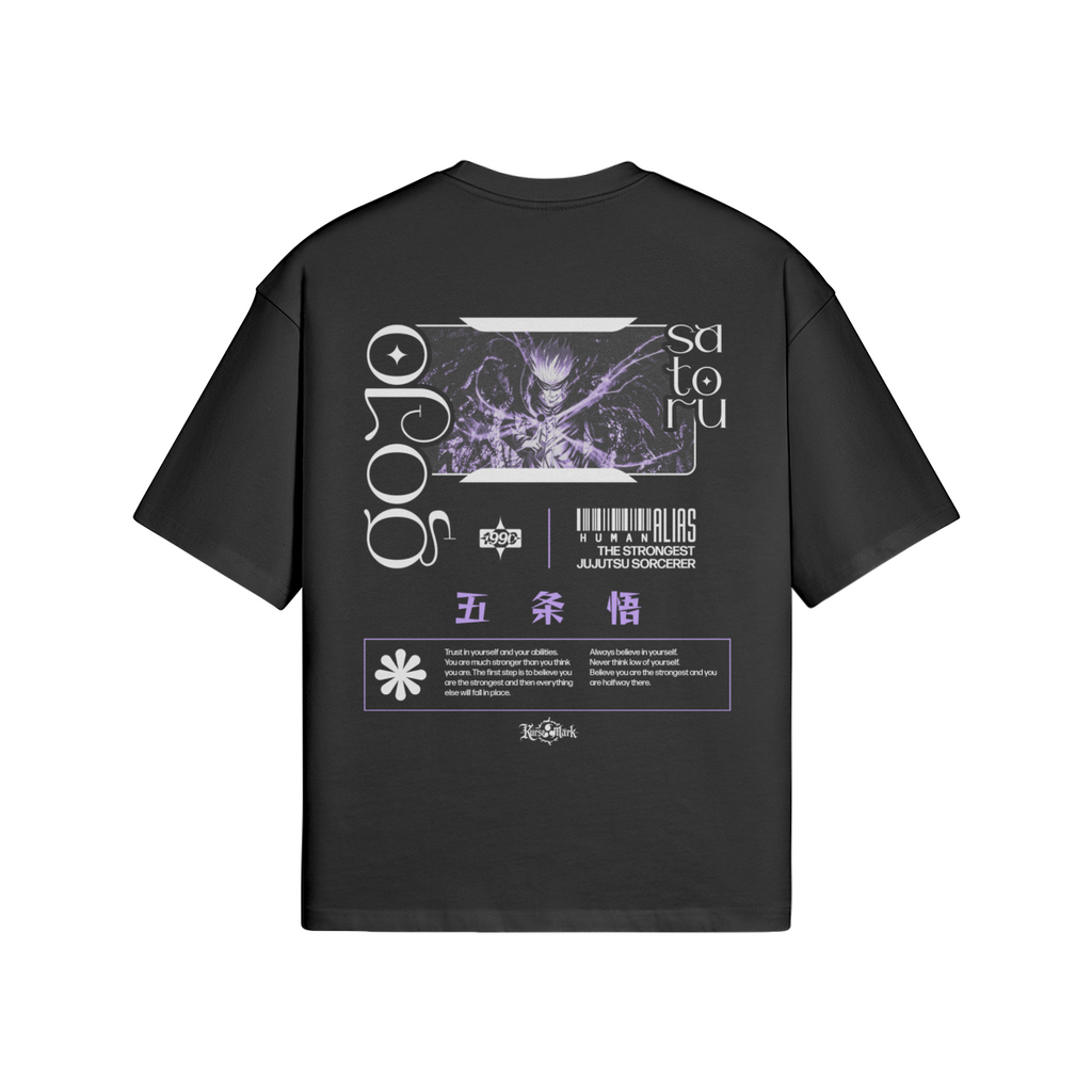 Satoru Gojo Kurse Mark Tee from PODpartner featuring a graphic print of Satoru Gojo's face on a black T-shirt.