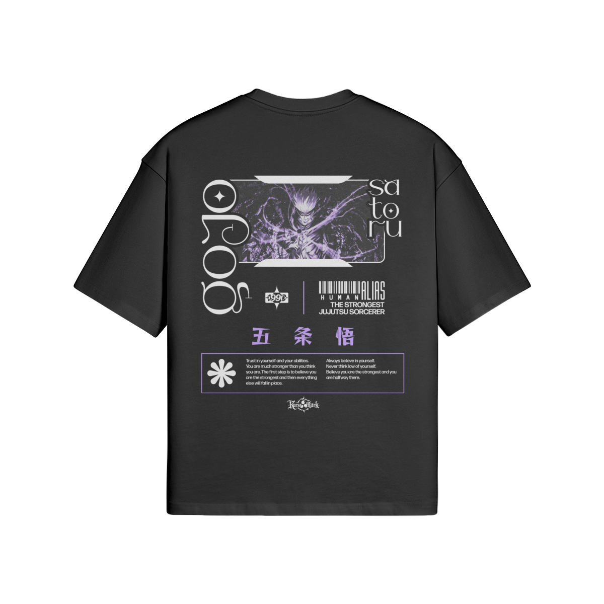 Satoru Gojo Kurse Mark Tee from PODpartner featuring a graphic print of Satoru Gojo's face on a black T-shirt.
