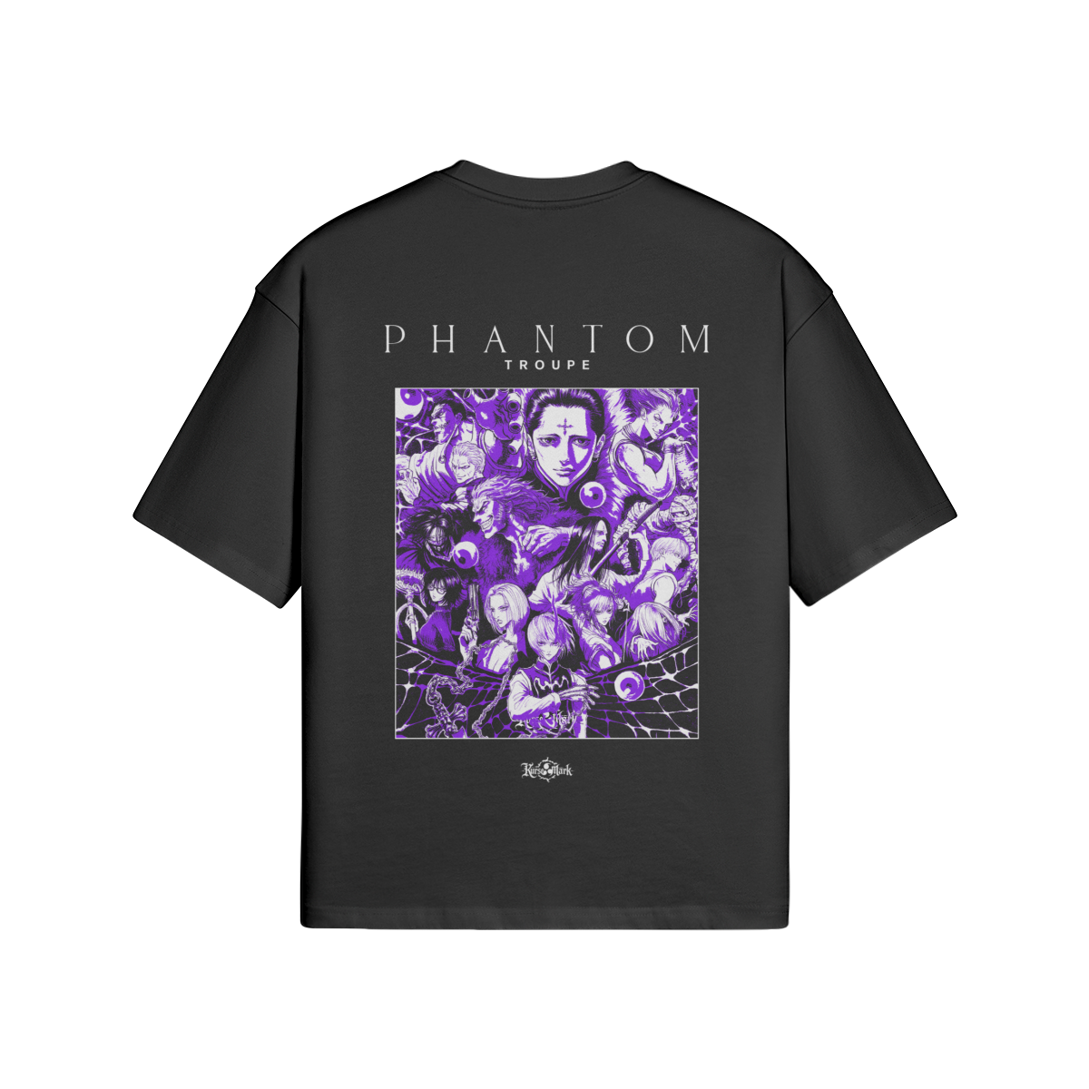 Phantom Troupe Kurse Mark PODpartner T-shirt featuring bold printed design on front, casual fit, black fabric.