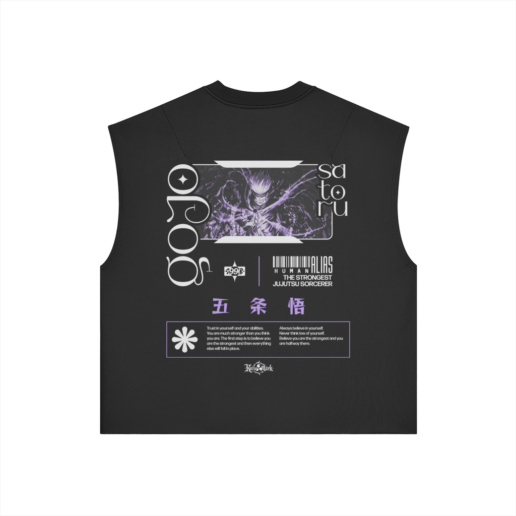 Satoru Gojo Kurse Mark Tank Top by PODpartner featuring a graphic print of Satoru Gojo from Jujutsu Kaisen on a sleeveless shirt