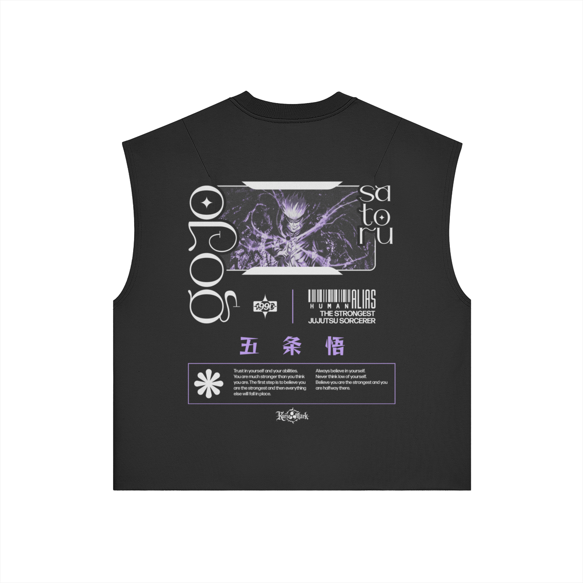 Satoru Gojo Kurse Mark Tank Top by PODpartner featuring a graphic print of Satoru Gojo from Jujutsu Kaisen on a sleeveless shirt