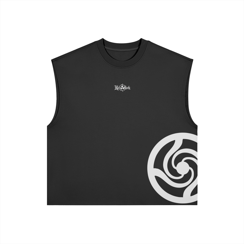 Satoru Gojo Kurse Mark Tank Top by PODpartner featuring a bold graphic design of Satoru Gojo from anime on a black sleeveless shirt