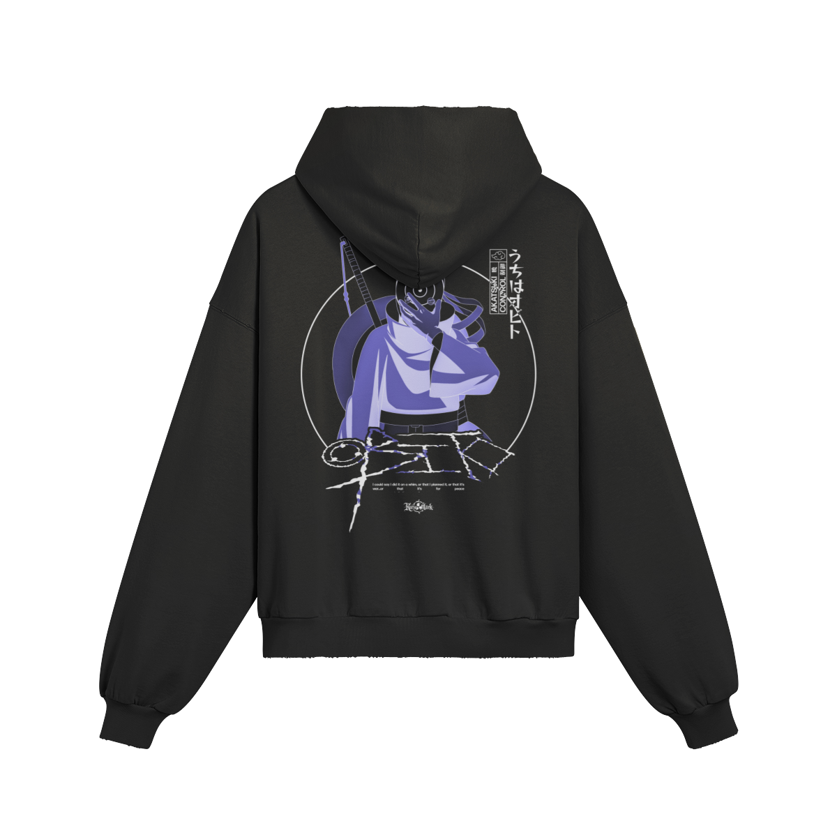 Obito Kurse Mark Hoodie by PODpartner, black hoodie with Obito Kurse Mark design, featuring a front pocket and adjustable drawstrings.