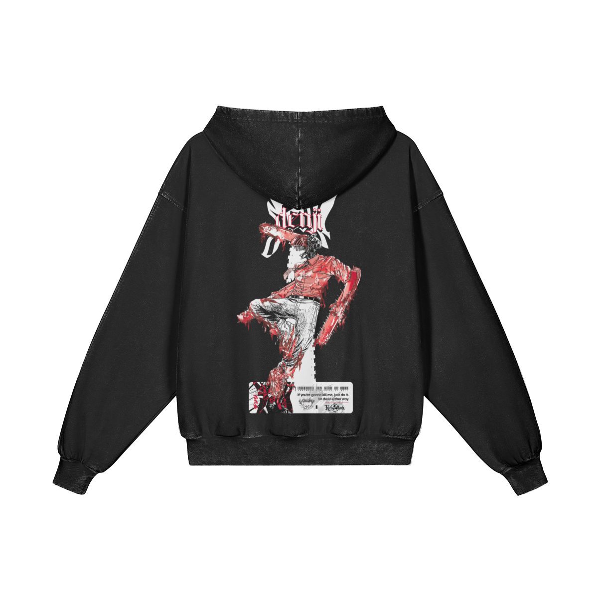 Denji Kurse Mark hoodie by PODpartner featuring a black hoodie with graphic design and logo on the front.