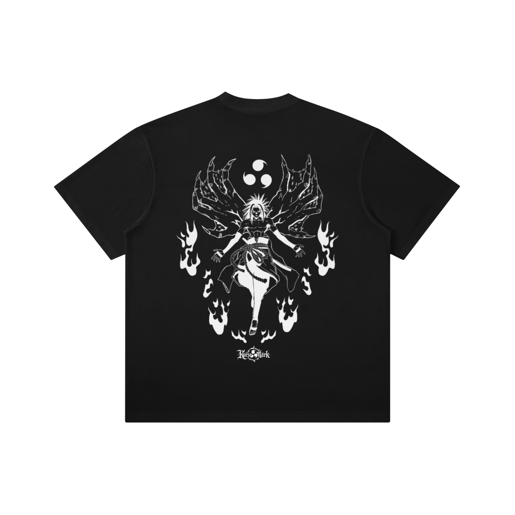 Sasuke Kurse Mark Tee from PODpartner featuring a graphic print of Sasuke Uchiha from Naruto on a casual black T-shirt