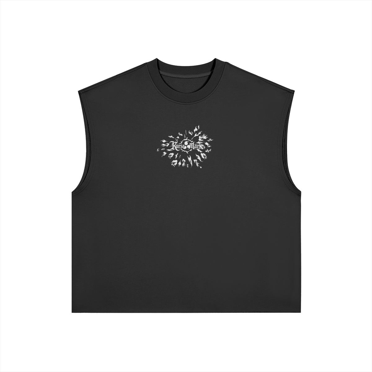 Front view of Sasuke's Kursed tank top by PODpartner, featuring bold graphic design and comfortable sleeveless fit.