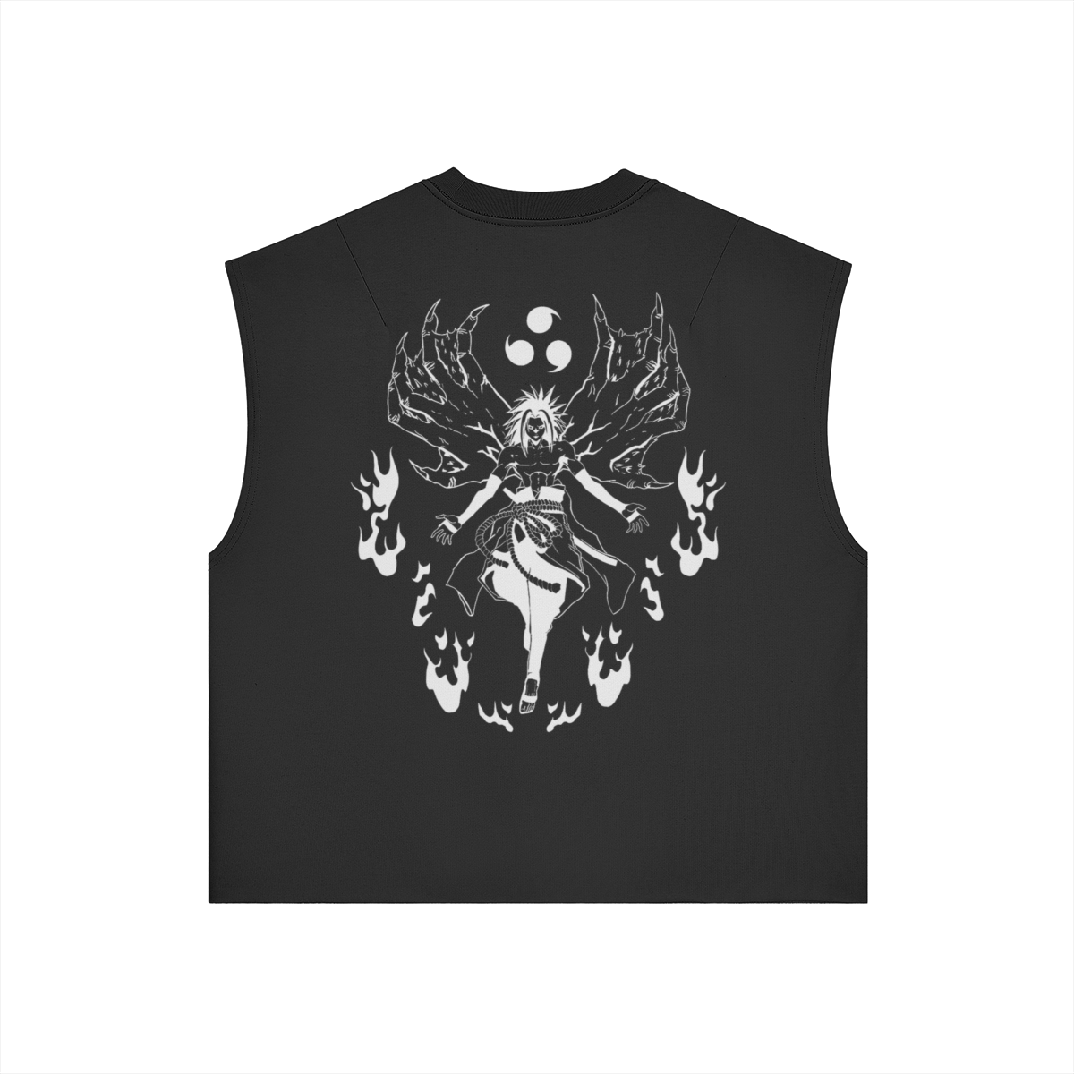 Sasuke's Kursed tank top by PODpartner displayed from the back, featuring bold graphic design on lightweight fabric.