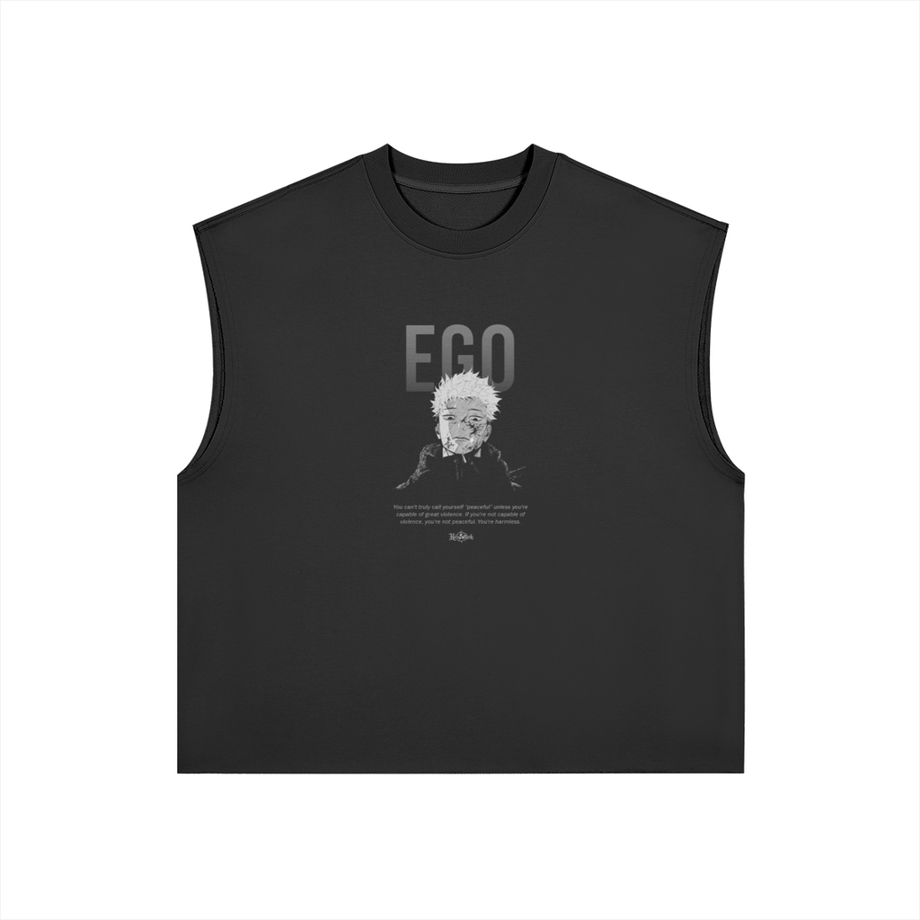 Yuji's Ego Kurse Mark Tank Top by PODpartner displayed on a hanger, showcasing its fit and fabric texture.