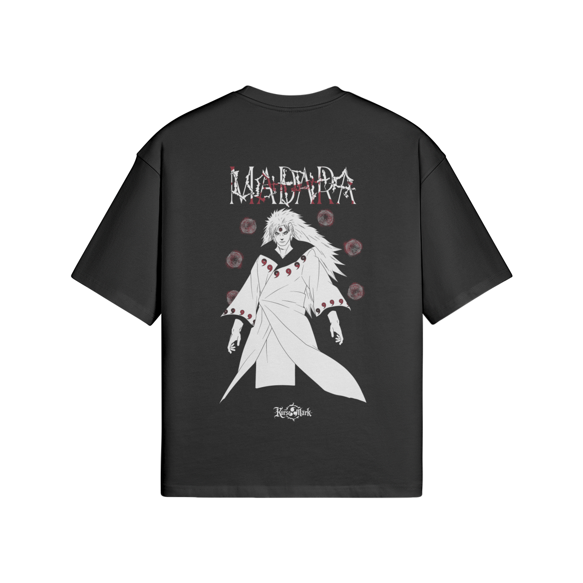 Madara Uchiha Kurse Mark Tee featuring the iconic Uchiha clan symbol on a black cotton t-shirt.